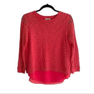 LUCKY BRAND Linen Cotton Crew Neck Sweater Red Coral M